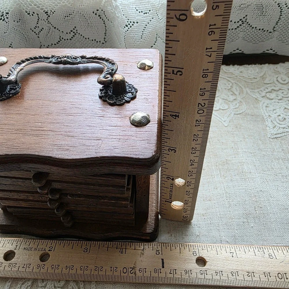 Vintage Wooden Cork Coaster Set 9pc Brown Trunk Dresser Holder Knobs Hi-Mark